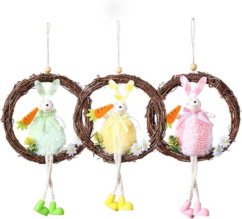 سعيد عيد الفصح شنقا علامة الباب الملونة الأرنب الأرنب علامة 6.3 بوصة في قطر الباب الديكور ريفي عيد الفصح القش إكليل علامة لعيد الفصح الربيع عطلة ديكور المنزل، مجموعة من 3 in Kuwait