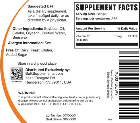 BULKSUPPLEMENTS.COM كبسولات بيوتين 10000 ميكروجرام - كبسولات هلامية بيوتين، مكملات البيوتين، فيتامينات البيوتين لبشرة الشعر والأظافر - حبوب البيوتين، خالية من الغلوتين - كبسولة هلامية واحدة لكل وجبة، 365 كبسولة هلامية in Saudi Arabia