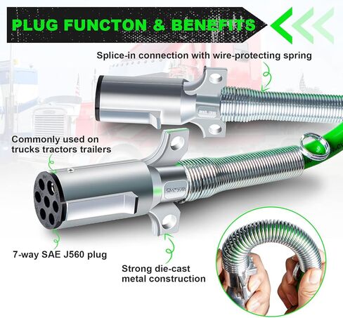 7 طريقة ملفوف مقطورة الحبل 15 قدم ABS لفائف كابل الطاقة الكهربائية الثقيلة الأخضر لفائف سلك الطاقة لشبه الشاحنات الجرارات in Kuwait