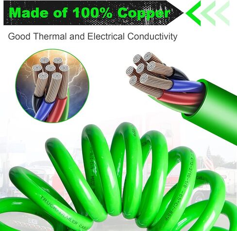7 طريقة ملفوف مقطورة الحبل 15 قدم ABS لفائف كابل الطاقة الكهربائية الثقيلة الأخضر لفائف سلك الطاقة لشبه الشاحنات الجرارات in Kuwait