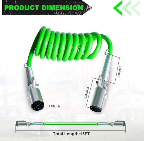 7 طريقة ملفوف مقطورة الحبل 15 قدم ABS لفائف كابل الطاقة الكهربائية الثقيلة الأخضر لفائف سلك الطاقة لشبه الشاحنات الجرارات in Kuwait