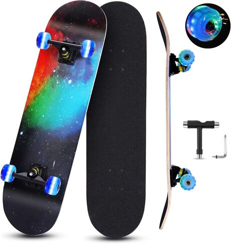 Skateboards for Beginners, 31 INCH Standard Complete Skateboard for Kids Boys Girls Adults Teens, 9 Layer Maple Wood Double Kick Concave Skate Board with LED Light Up Wheels in Saudi Arabia