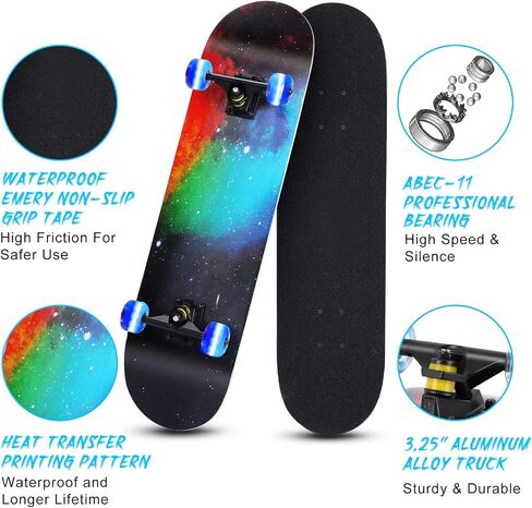 Skateboards for Beginners, 31 INCH Standard Complete Skateboard for Kids Boys Girls Adults Teens, 9 Layer Maple Wood Double Kick Concave Skate Board with LED Light Up Wheels in Saudi Arabia