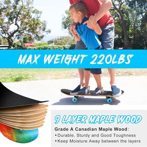 Skateboards for Beginners, 31 INCH Standard Complete Skateboard for Kids Boys Girls Adults Teens, 9 Layer Maple Wood Double Kick Concave Skate Board with LED Light Up Wheels in Saudi Arabia