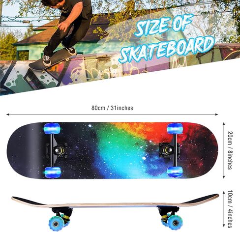 Skateboards for Beginners, 31 INCH Standard Complete Skateboard for Kids Boys Girls Adults Teens, 9 Layer Maple Wood Double Kick Concave Skate Board with LED Light Up Wheels in Saudi Arabia