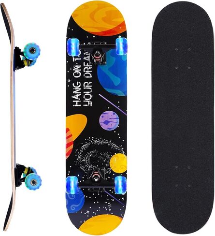 ألواح تزلج للمبتدئين، لوح تزلج قياسي كامل مقاس 31 بوصة للأطفال والأولاد والبنات والبالغين والمراهقين، لوح تزلج مقعر مزدوج من خشب القيقب مكون من 9 طبقات مع عجلات مضيئة LED in Kuwait