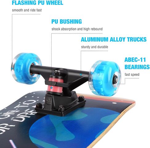 ألواح تزلج للمبتدئين، لوح تزلج قياسي كامل مقاس 31 بوصة للأطفال والأولاد والبنات والبالغين والمراهقين، لوح تزلج مقعر مزدوج من خشب القيقب مكون من 9 طبقات مع عجلات مضيئة LED in Kuwait