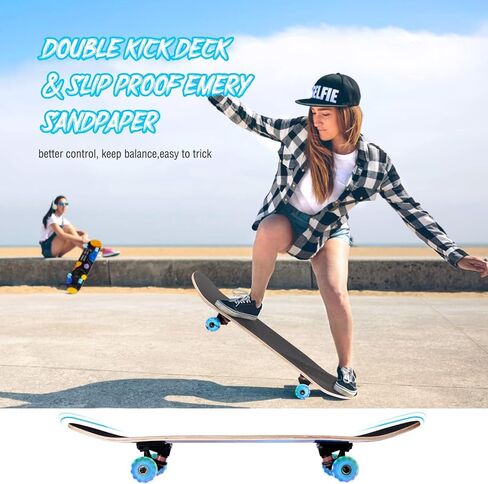 ألواح تزلج للمبتدئين، لوح تزلج قياسي كامل مقاس 31 بوصة للأطفال والأولاد والبنات والبالغين والمراهقين، لوح تزلج مقعر مزدوج من خشب القيقب مكون من 9 طبقات مع عجلات مضيئة LED in Kuwait