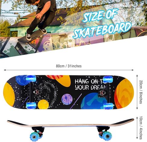 ألواح تزلج للمبتدئين، لوح تزلج قياسي كامل مقاس 31 بوصة للأطفال والأولاد والبنات والبالغين والمراهقين، لوح تزلج مقعر مزدوج من خشب القيقب مكون من 9 طبقات مع عجلات مضيئة LED in Kuwait