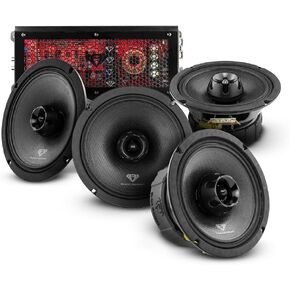 BLACK DIAMOND 2-Way Speakers Mids and Highs Bundle with Amplifier - Two (2) 6.5" and Two (2) 8" Midrange Hybrid Coaxial Speakers with Built-in Super Bullet Tweeter with One (1) 4-Channel Amplifier