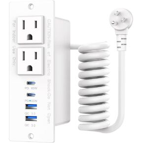 65W Furniture Drawer Outlet, Recessed Outlet with 4 USB Ports & 2 AC Outlets, Recessed Power Strip for Home, Office, 14 AWG-6FT Spring Cord(White)