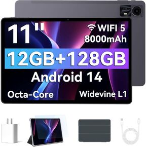 Android 14 Tablet 11 Inch Tablets, Octa-Core, 12GB RAM 128GB ROM, 1TB Expandable, 1920x1200 HD IPS Display, 8000mAh, 18W PD Fast Charging, WiFi 5, BT5.0, Dual Camera, GPS, Drop-Proof Case - Gray