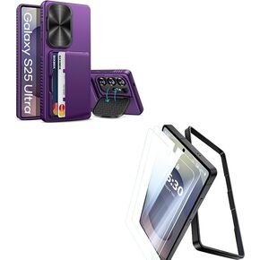 for Samsung Galaxy S25 Ultra Case Wallet, Built-in Stand & 2 Pack Screen Protector, Card Holder & Camera Cover, Full Body Protective Rugged Kickstand Phone Cover Case for S25 Ultra, Purple