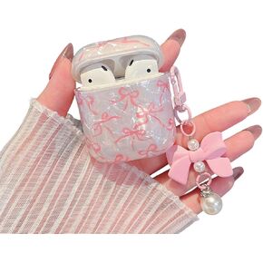 MINSCOSE for Cute Glitter AirPods Pro/Pro 2 Case,Shell Pattern Bow Ribbon Trendy Design with Bowknot Pearl Keychain,Protective Shockproof Cover for Apple Airpods Pro 1st/2nd Generation for Women-Pink