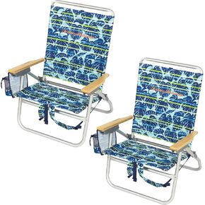 Tommy Bahama 2-Pack 4-Position Extended 12.8" seat Height Easy in-Easy Out Folding Backpack Beach Chair, Blue Tropical Leaves