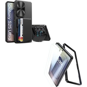 for Samsung Galaxy S25 Ultra Case with 2 Pack Screen Protector & Card Holder & Kickstand & Camera Cover, Wallet Stand Phone Cover Case for Samsung Galaxy S25 Ultra 6.9" 2025, Black