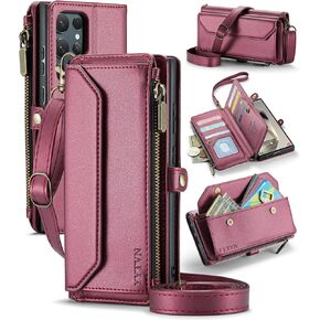for Samsung Galaxy S23 Ultra Wallet Case with Zipper Card Holder & Crossbody Lanyard Strap & Wrist Strap, RFID Blocking PU Leather Magnetic Flip Handbag Purse Case for Galaxy S23 Ultra -Red