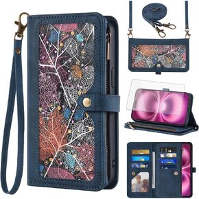 Phone Case for iPhone 16 Plus 6.7 inch Wallet Cover With Screen Protector and Crossbody Wrist Strap Leather Flip Pattern Zipper Credit Card Holder Stand Cell i Phone16 16+ i16 + 16Plus Women Men Blue