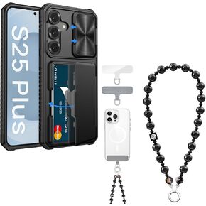 Vihibii for Samsung Galaxy S25 Plus Case with Black Phone Charm Wrist Strap (2* Tether Tabs), Build-in Card Holder (4 Cards) & Slide Lens Cover, Shockproof Case for Samsung Galaxy S25 Plus, Black