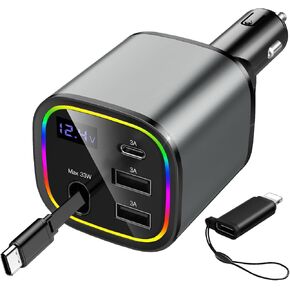 Retractable Car Charger Fast Charging 78W, AGEMANY 4 in 1 USB C Car Charger for iPhone 16 15 12 13 14 Android, Cigarette Lighter Adapter with RGB Light, Car Accessories Gift for Men Women (Grey)