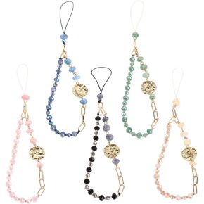 Leadigol 5 Pcs Crystal Stone Beads Lanyard, Mobile Phone Strap Phone Charm Colorful Cell Phone Lanyard Handmade Beads Keychain Gift for Women