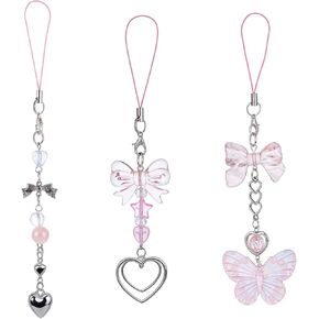 3 Pack Aesthetic Phone Charms, Pink Y2K Phone Charm Cute Butterfly Heart Shape Phone Charm Phone Lanyard String Y2K Cell Phone Charms for Phone Bag Purse Backpack Camera Decor