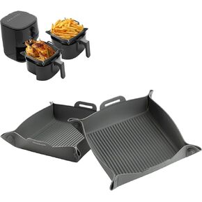 Navaris Silicone Air Fryer Liners (Set of 2) - Reusable Liner with Foldable Design 27cm x 6cm (10.6" x 2.4") - Basket Tray Mat - Dishwasher Safe - Blue and Grey