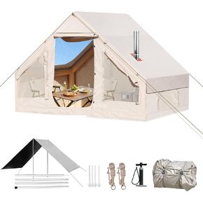 Inflatable Camping Tent with Extended Canopy & Pump | 4-Season Waterproof Windproof Glamping Tent | Easy Setup Oxford Cabin Tent House with Mesh Mesh & Chimney Window for 4-6 Person