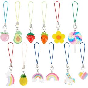 12 Pcs Fruit Theme Phone Charm, Colorful Cartoon Theme Phone Charms with Rainbow & Heart Pendant Polyester Phone Charms for Phone Bag Keychain Accessories Decor