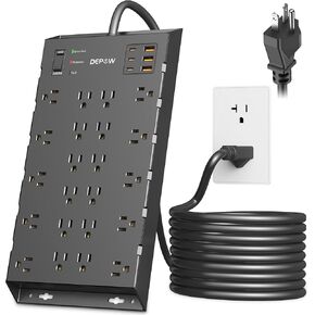 Heavy Duty Power Strip Surge Protector 20Amp (Vertical Plug), T-Slot 20A Outlet, 10 Feet 12 Gauge Extension Cord with 22 AC Outlets(2500W/20A) 6 USB Ports (3 USB C) for Industrial Garage