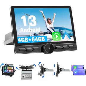 Single Din Car Radio Stereo Universal, 8 Core Android 13[4GB+64GB] 10.6"Car Radio Rotatable Touchscreen, with CarPlay/Android Auto/MirrorLink, 4G SIM/WiFi/GPS/Bluetooth/RDS/USB/FMAM/SWC/Backup Camera