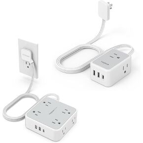 Flat Extension Cord Flat Plug Power Strip, Multiple AC Outlets, 3 USB Charger(1 USB C Port), 5 Ft, Office Supplies, Dorm Room Essentials, Grey