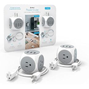 Atomi Power Cube 2-Pack – 3AC Outlets + 3 Smart USB Ports + 5-ft. Cable