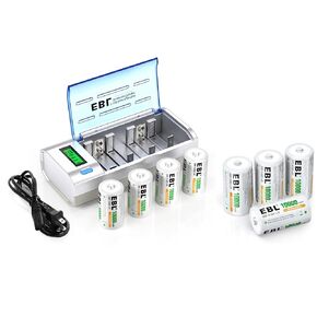 EBL D Cells 10000mAh Rechargeable Batteries (8 Counts) with C D 9V AA AAA Battery Charger