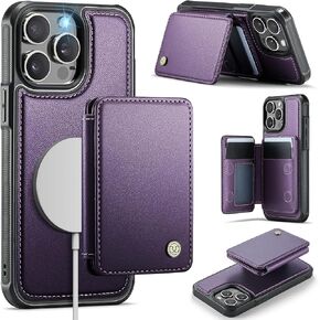Compatible with Magsafe for iPhone 15 Pro Wallet Case Magnetic Card Holder, RFID Blocking 2 in 1 Detachable Kickstand Shockproof Case for Women Men, Brown