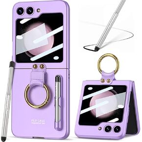 for Samsung Galaxy Z Flip 6 Case with S Pen and Ring,Ultra Thin Matte Leather Anti-Drop Phone Cover with Camera Screen Protector for Samsung Galaxy Z Flip 6 5G (ZFlip6-Purple)
