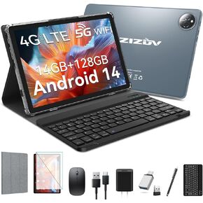 2025 Latest Android 14 Tablet - 4G Cellular With Dual Sim Slot, 14GB RAM 128GB ROM (TF 1TB) 10 Inch, 2 in 1 With Keyboard, Octa-Core, Incell Display, 5G WiFi+4G LTE, 8000mAh, GPS