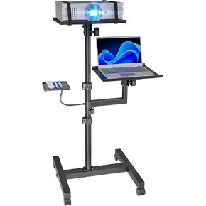 Projector and Laptop Stand Tripod, 2 Shelves Mobile Projector Tripod Stand, Max 47" Height Adjustable Laptop Cart on Wheels, Laptop Floor Stand with Ventilated Tray for Couch, Meeting, Podium