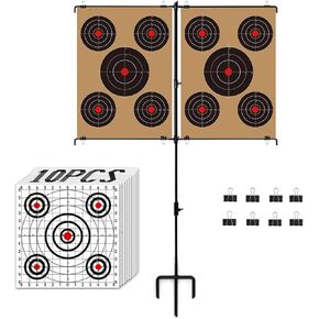 Adjustable Shooting Target Stand with 10pcs Target Papers for Outdoor, Exploding Bottle Target Caps for Backyard Shooting, Suitable for BB Gun, Airsoft, Airgun, Pellet, Rifle