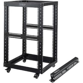 RIVECO 18U 19" 4 Post Open Frame Server Rack with Casters+1U 24 Slot Cable Management for 24 Server Rack Mount