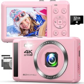 Digital Camera –4K 44MP UHD Digital Cameras for Kids – 16X Zoom Autofocus Camera – Portable Vlogging Camera for Teens with 32GB Memory Card – Ideal for Boys & Girls