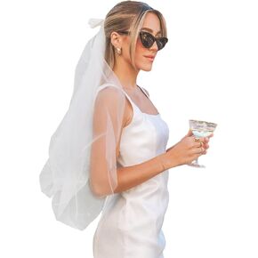 Bow Veil Elegant White Veil with Bow Double Layers Tulle Bowknot Fingertip Bridal Veil 2 Tier Bachelorette Party Veil for Bride Wedding