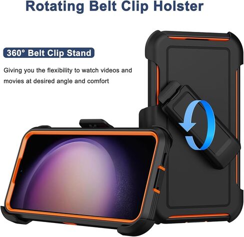 RubCase for Samsung Galaxy S23 Plus Case with 2X Screen Protector, Dual Layer Bumper Cover with Belt Clip Holster & Kickstand, Full Body Heavy Duty Phone Case for Galaxy S23+ Plus 5G (Black/Orange) in Saudi Arabia