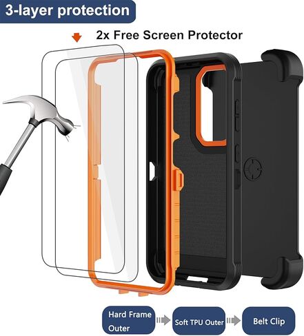 RubCase for Samsung Galaxy S23 Plus Case with 2X Screen Protector, Dual Layer Bumper Cover with Belt Clip Holster & Kickstand, Full Body Heavy Duty Phone Case for Galaxy S23+ Plus 5G (Black/Orange) in Saudi Arabia