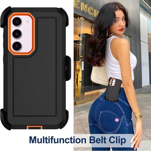 RubCase for Samsung Galaxy S23 Plus Case with 2X Screen Protector, Dual Layer Bumper Cover with Belt Clip Holster & Kickstand, Full Body Heavy Duty Phone Case for Galaxy S23+ Plus 5G (Black/Orange) in Saudi Arabia