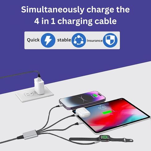 4 في 2 كبل شحن متعدد الشحن لشاحن Apple Watch ، تمت ترقيته اللاسلكية USB C Iwatch Charger فرض شحن سريع مع النوع C/Light-Ring مع IWATCH Ultra SE 10-1 ، I-Phone 16-11 ، Android (4 أقدام) in Saudi Arabia