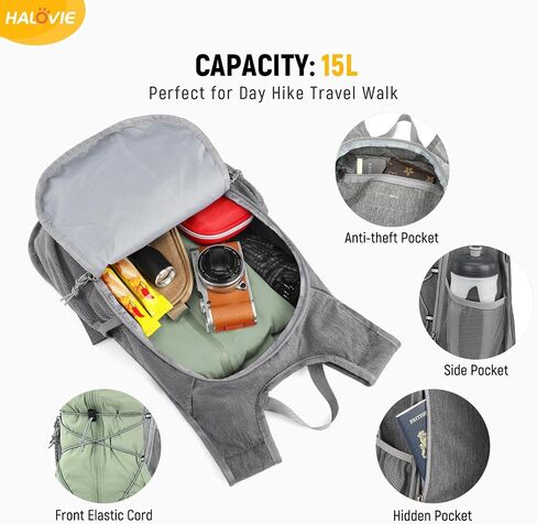 HALOVIE 15L Foldable Hiking Backpack Lightweight Travel Daypack Shoulder Pocket with Chest Strap Small Packable Pack for Walking Women Men (Black) in Kuwait
