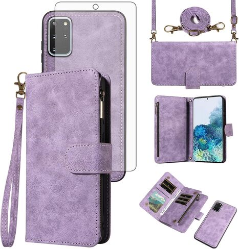 Asuwish Phone Case for Samsung Galaxy S20 Plus S20+ 5G Zipper Wallet Cell Cover with Screen Protector Crossbody Lanyard Strap Flip Card Holder S20+5G S20plus 20S + S2O S 20 20+ G5 Women Purple in Kuwait