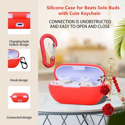 Case for Beats Solo Buds Case Cover with Flower Keychain, Cute Soft Silicone Shockproof Protective Skin Cases for Beats Solo Buds Wireless Earbuds with Carabiner for Women Girl (Purple) in Kuwait