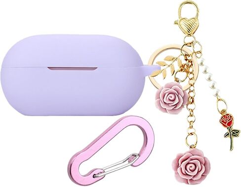 Case for Beats Solo Buds Case Cover with Flower Keychain, Cute Soft Silicone Shockproof Protective Skin Cases for Beats Solo Buds Wireless Earbuds with Carabiner for Women Girl (Purple) in Kuwait